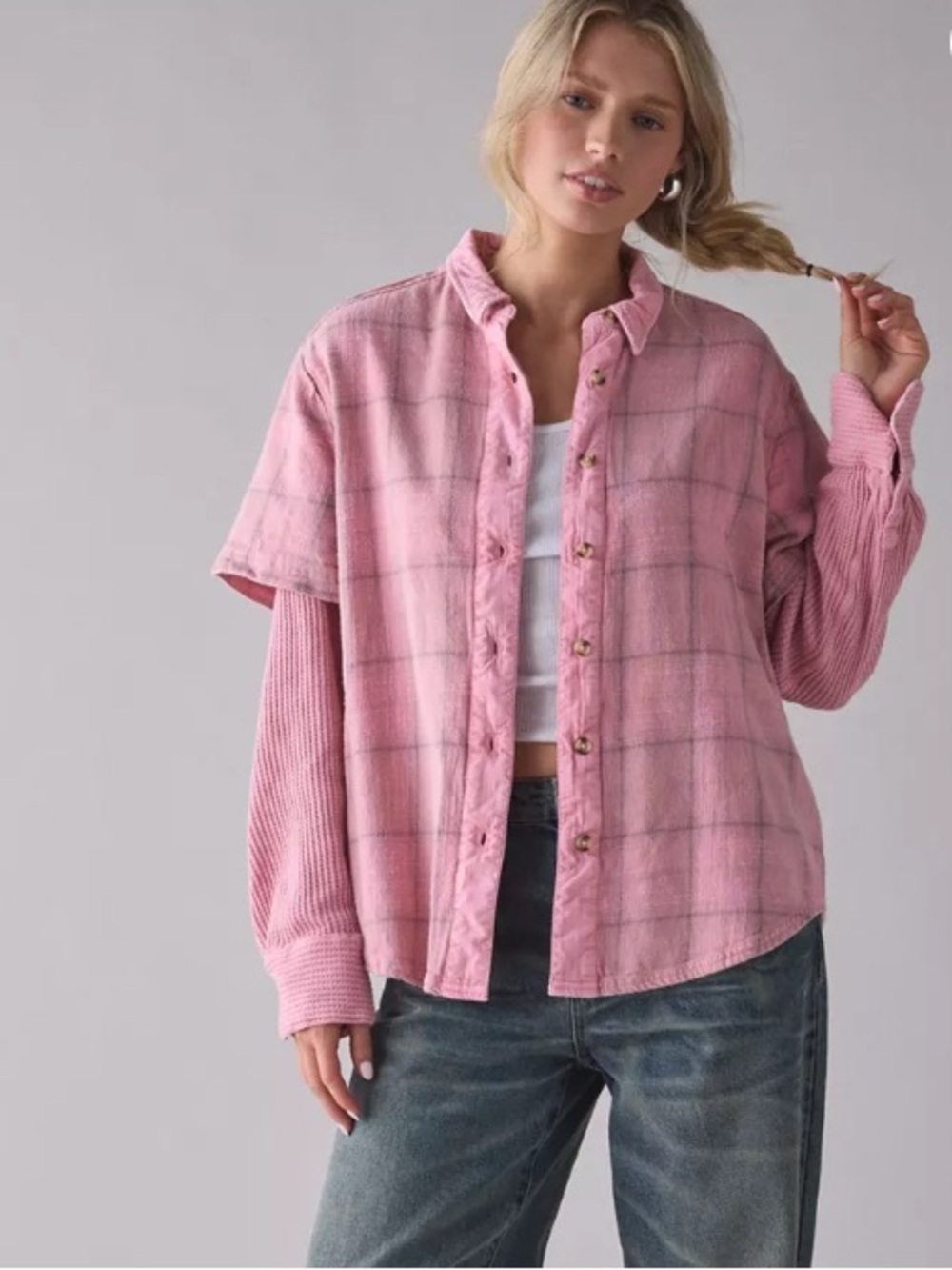Urban Outfitters BDG Layered Twofer Oversized Flannel Cotton Waffle Shirt Pink S